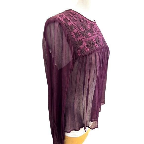 Free People Women's Sheer Femme Embroidered Retro Blouse Purple S Sexy Boho - Picture 7 of 8